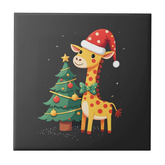 Gingerbread Man Giraffe Santa Hat Christmas Tree T Ceramic Tile (Front)