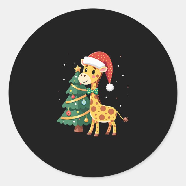 Gingerbread Man Giraffe Santa Hat Christmas Tree T Classic Round Sticker (Front)