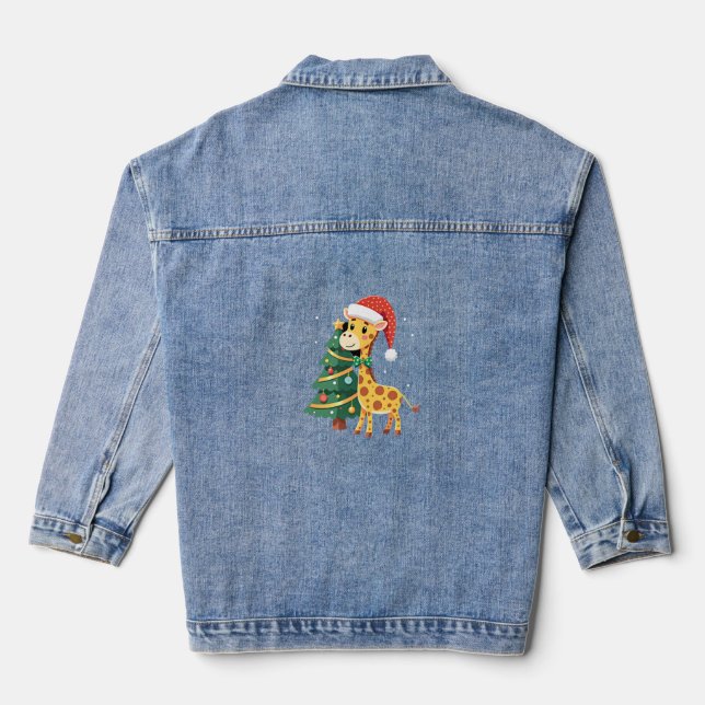 Gingerbread Man Giraffe Santa Hat Christmas Tree T Denim Jacket (Back)