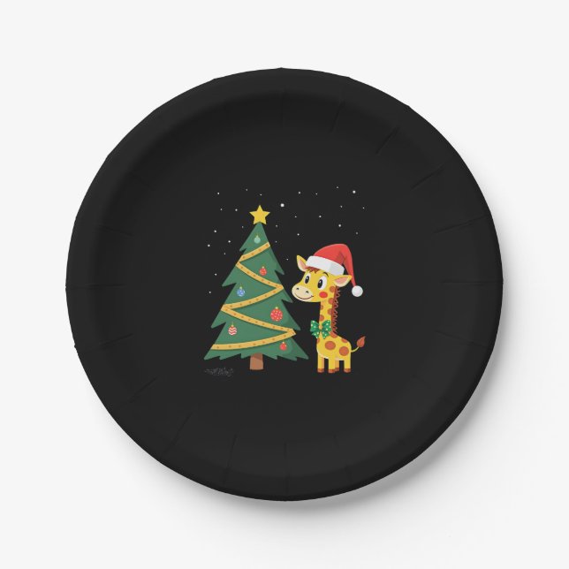Gingerbread Man Giraffe Santa Hat Christmas Tree T Paper Plate (Front)