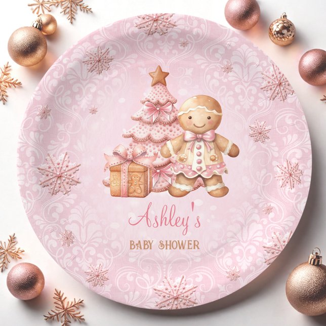Gingerbread Man Girl Pink Christmas Baby Shower Paper Plate (Gingerbread Man Girl Pink Christmas Baby Shower Paper Plates)