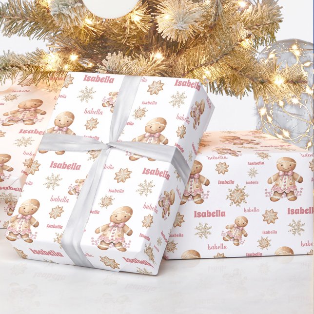 Gingerbread Man Girl Pink Name Text Christmas Wrapping Paper (Gingerbread Man Girl Pink Name Text Christmas Wrapping Paper)