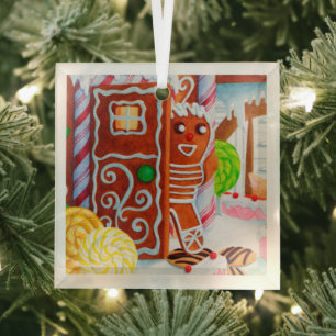 GINGERBREAD MAN Glass Square Ornament