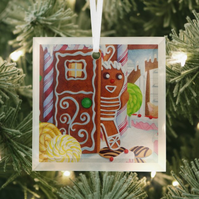 GINGERBREAD MAN Glass Square Ornament (Insitu)
