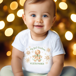 Gingerbread Man Green Beige First Christmas Baby T-Shirt