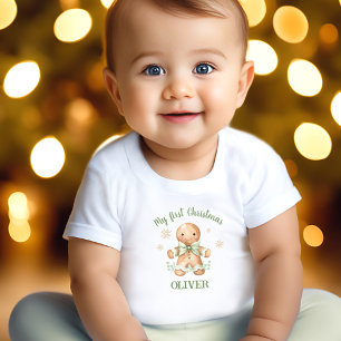 Gingerbread Man Green Beige Name First Christmas Baby T-Shirt
