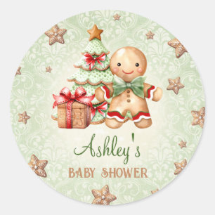 Gingerbread Man Green Red Christmas Baby Shower Classic Round Sticker