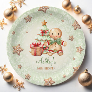 Gingerbread Man Green Red Christmas Baby Shower Paper Plate