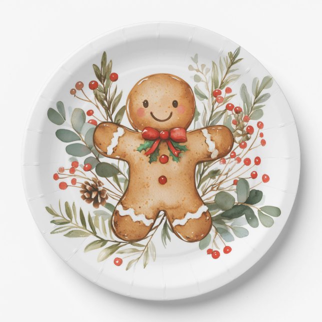 Gingerbread Man Greenery Christmas Paper Plate (Front)