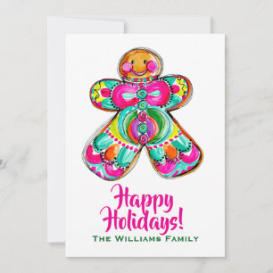 Gingerbread Man Happy Holidays Boho Cute Pink Holiday Card