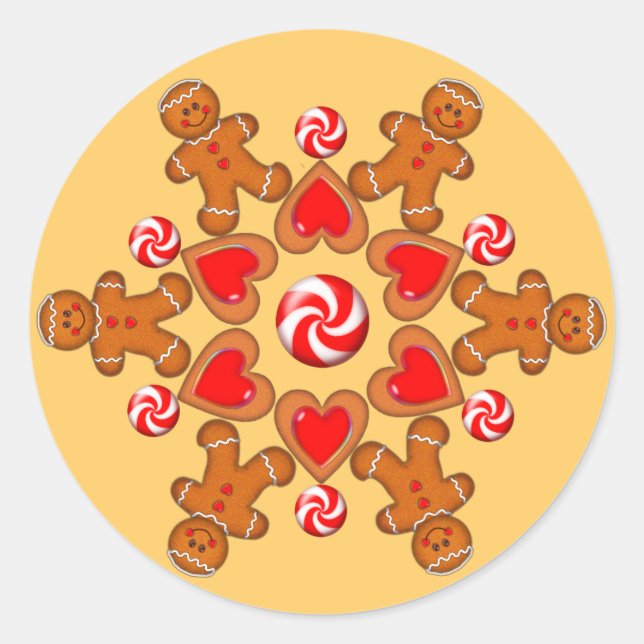 GINGERBREAD MAN & HEARTS by SHARON SHARPE Classic Round Sticker (Front)