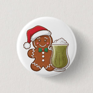 Gingerbread Man Holding Matcha Drink Christmas 3 Cm Round Badge