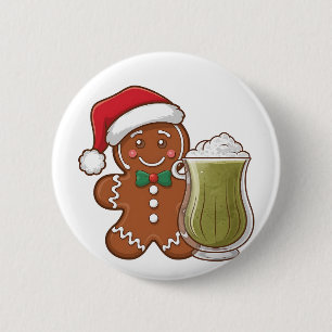 Gingerbread Man Holding Matcha Drink Christmas 6 Cm Round Badge