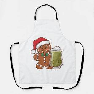 Gingerbread Man Holding Matcha Drink Christmas Apron