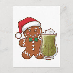 Gingerbread Man Holding Matcha Drink Christmas Holiday Postcard