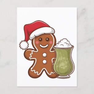 Gingerbread Man Holding Matcha Drink Christmas Invitation Postcard