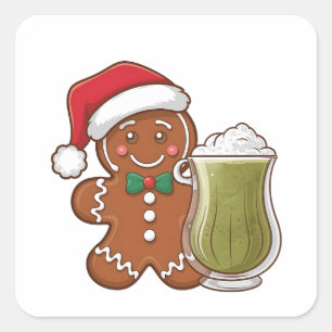 Gingerbread Man Holding Matcha Drink Christmas Square Sticker