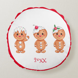 Gingerbread Man Holiday Festive Christmas Seasonal Round Cushion