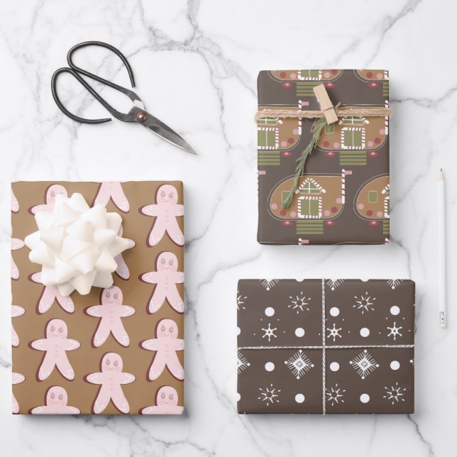 Gingerbread Man House Christmas Snowflakes Brown  Wrapping Paper Sheet (Front)