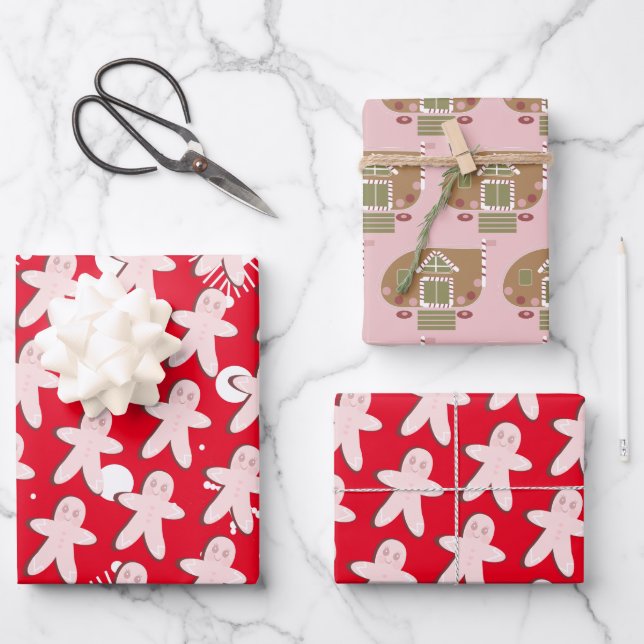 Gingerbread Man House Christmas Snowflakes  Red Wrapping Paper Sheet (Front)