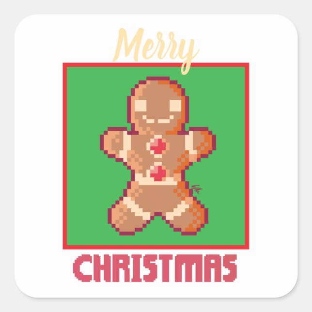 GingerBread Man, Merry Christmas pixel art Square Sticker (Front)
