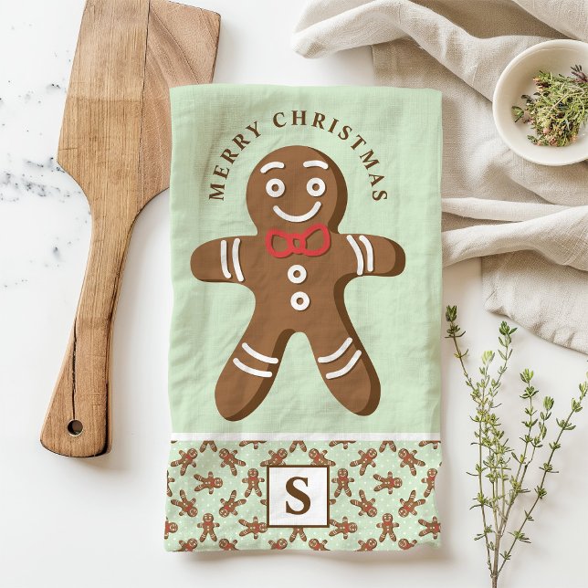 Gingerbread Man Mint Monogram Merry Christmas Tea Towel (Creator Uploaded)