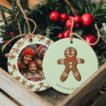 Gingerbread Man Mint Polka Dot Christmas Photo Ceramic Ornament<br><div class="desc">Celebrate the holidays with this adorable Gingerbread Man Mint Green Polka Dot Christmas Photo Ceramic Ornament. Featuring a cute gingerbread man design with a customisable photo on the back, this ornament is perfect for adding a touch of festive charm to your tree. Personalise it with your family name and favourite...</div>