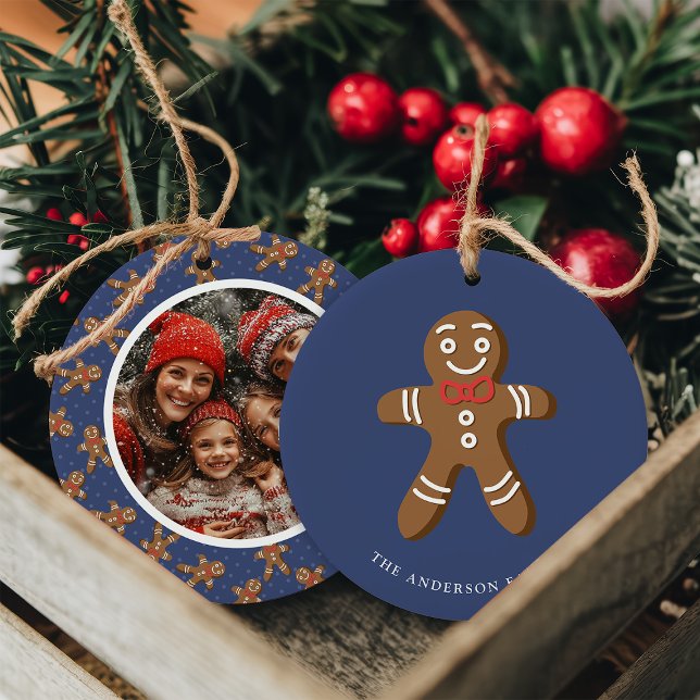 Gingerbread Man Navy Polka Dot Christmas Photo Ceramic Ornament (Creator Uploaded)