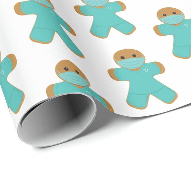 Gingerbread Man Nurse Doctor Scrubs Wrapping Paper (Roll Corner)