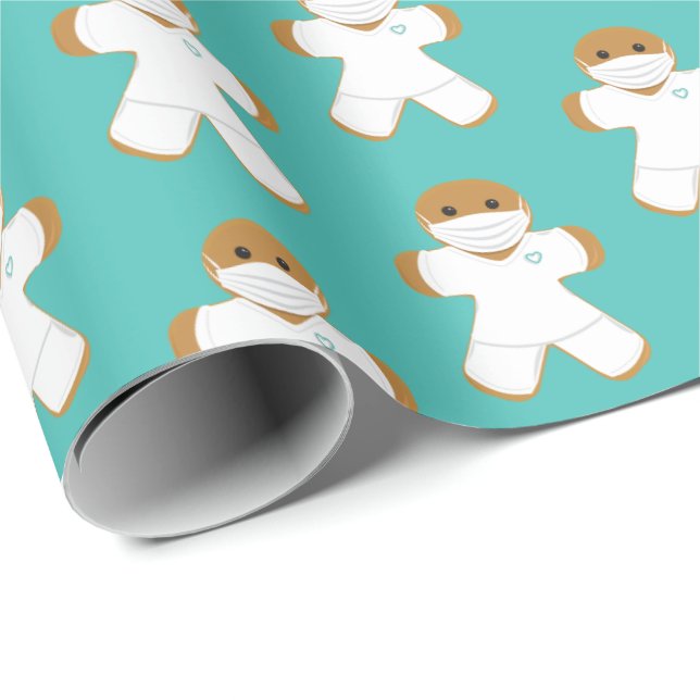Gingerbread Man Nurse Doctor White Scrubs Wrapping Paper (Roll Corner)