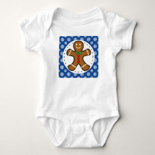 Gingerbread Man on Blue White Snowflakes Pattern Baby Bodysuit