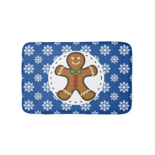 Gingerbread Man on Blue White Snowflakes Pattern Bath Mat