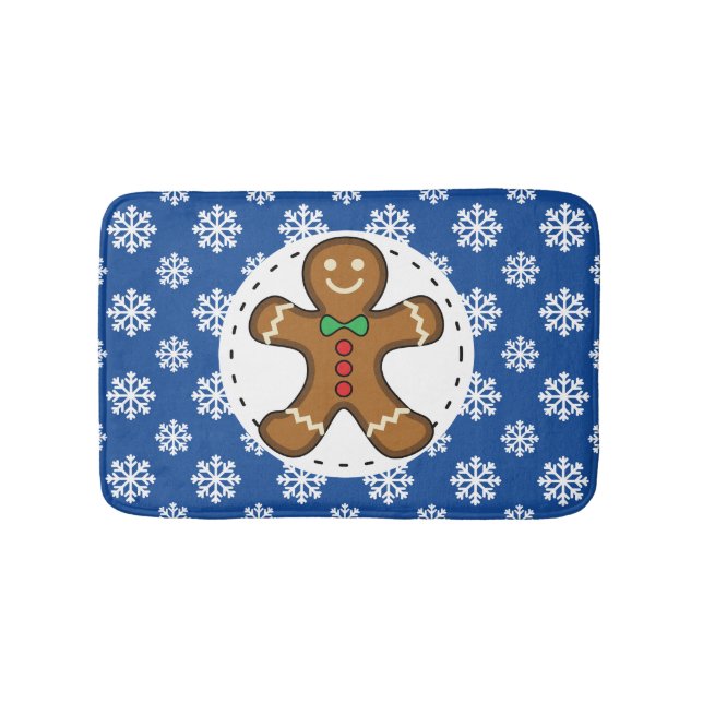Gingerbread Man on Blue White Snowflakes Pattern Bath Mat (Front)