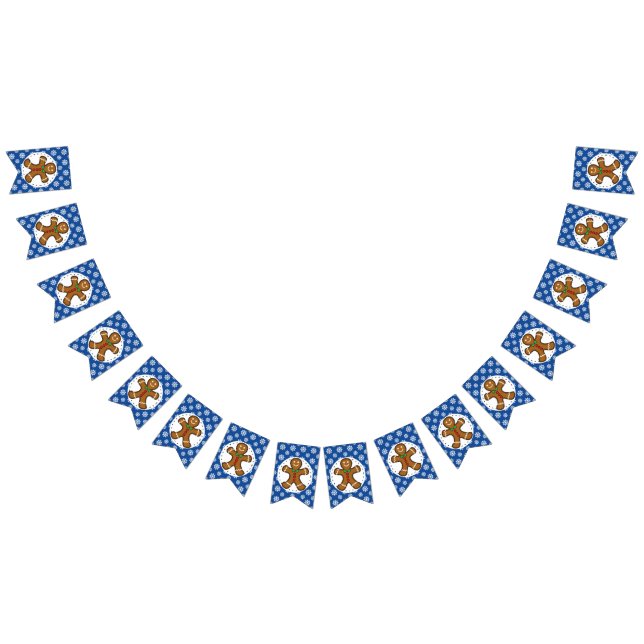 Gingerbread Man on Blue White Snowflakes Pattern Bunting (All)