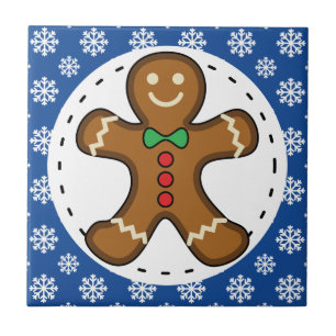 Gingerbread Man on Blue White Snowflakes Pattern Ceramic Tile