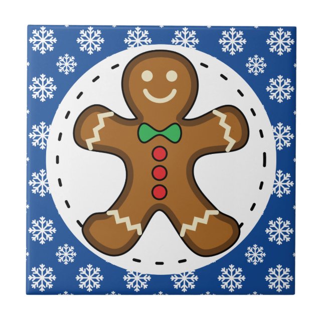 Gingerbread Man on Blue White Snowflakes Pattern Ceramic Tile (Front)