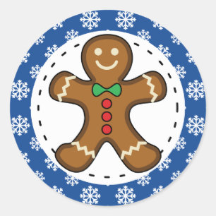 Gingerbread Man on Blue White Snowflakes Pattern Classic Round Sticker