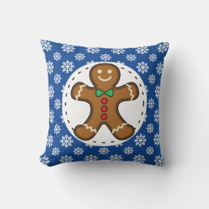 Gingerbread Man on Blue White Snowflakes Pattern Cushion