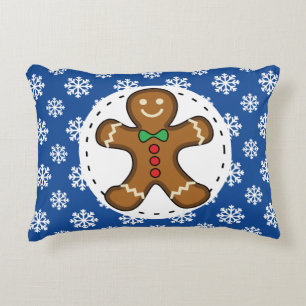 Gingerbread Man on Blue White Snowflakes Pattern Decorative Cushion