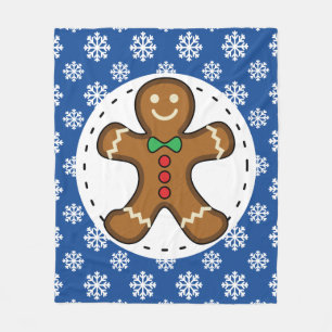 Gingerbread Man on Blue White Snowflakes Pattern Fleece Blanket