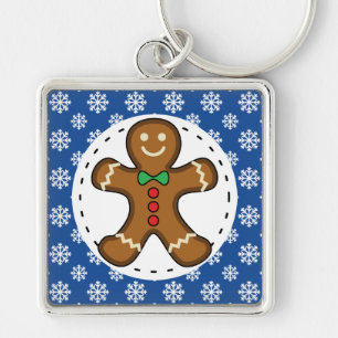 Gingerbread Man on Blue White Snowflakes Pattern Key Ring