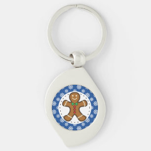 Gingerbread Man on Blue White Snowflakes Pattern Key Ring