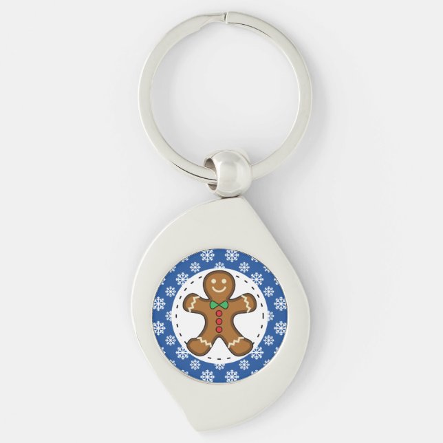 Gingerbread Man on Blue White Snowflakes Pattern Key Ring (Front)