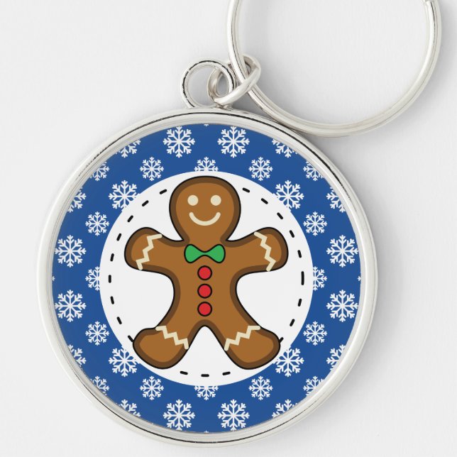 Gingerbread Man on Blue White Snowflakes Pattern Key Ring (Front)