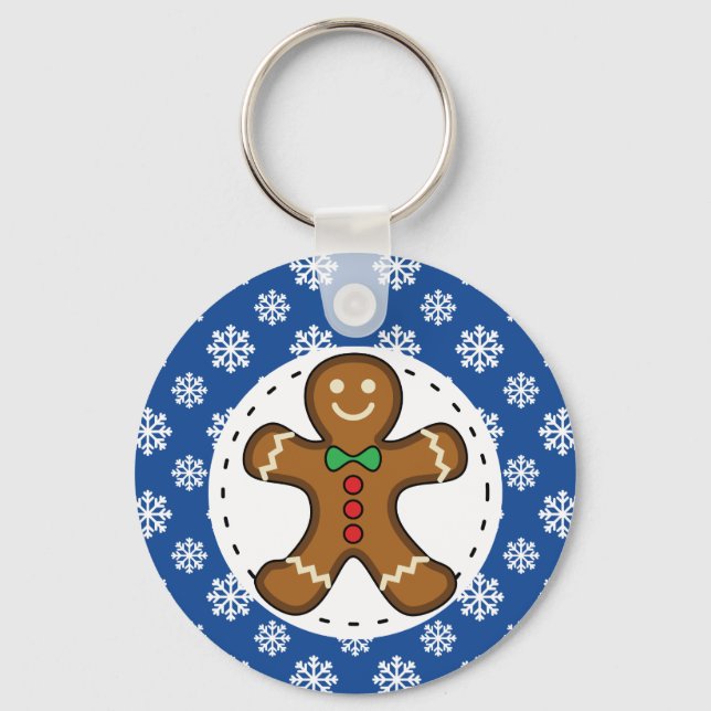 Gingerbread Man on Blue White Snowflakes Pattern Key Ring (Front)