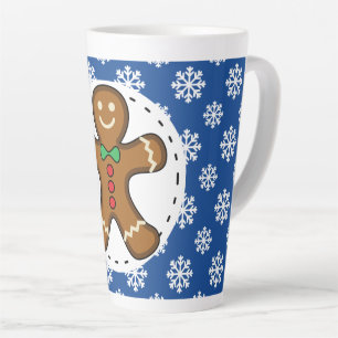 Gingerbread Man on Blue White Snowflakes Pattern Latte Mug