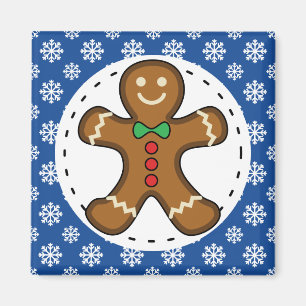 Gingerbread Man on Blue White Snowflakes Pattern Magnet