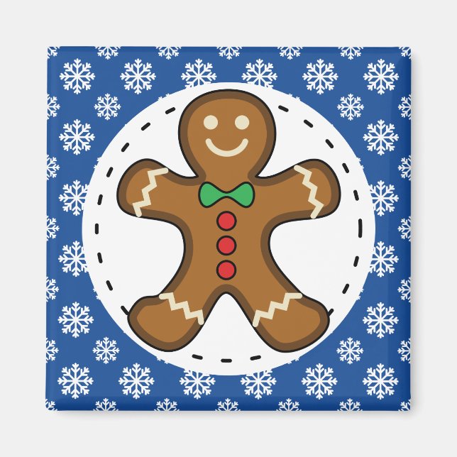 Gingerbread Man on Blue White Snowflakes Pattern Magnet (Front)