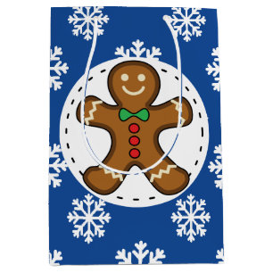 Gingerbread Man on Blue White Snowflakes Pattern Medium Gift Bag