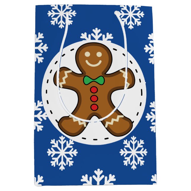 Gingerbread Man on Blue White Snowflakes Pattern Medium Gift Bag (Front)